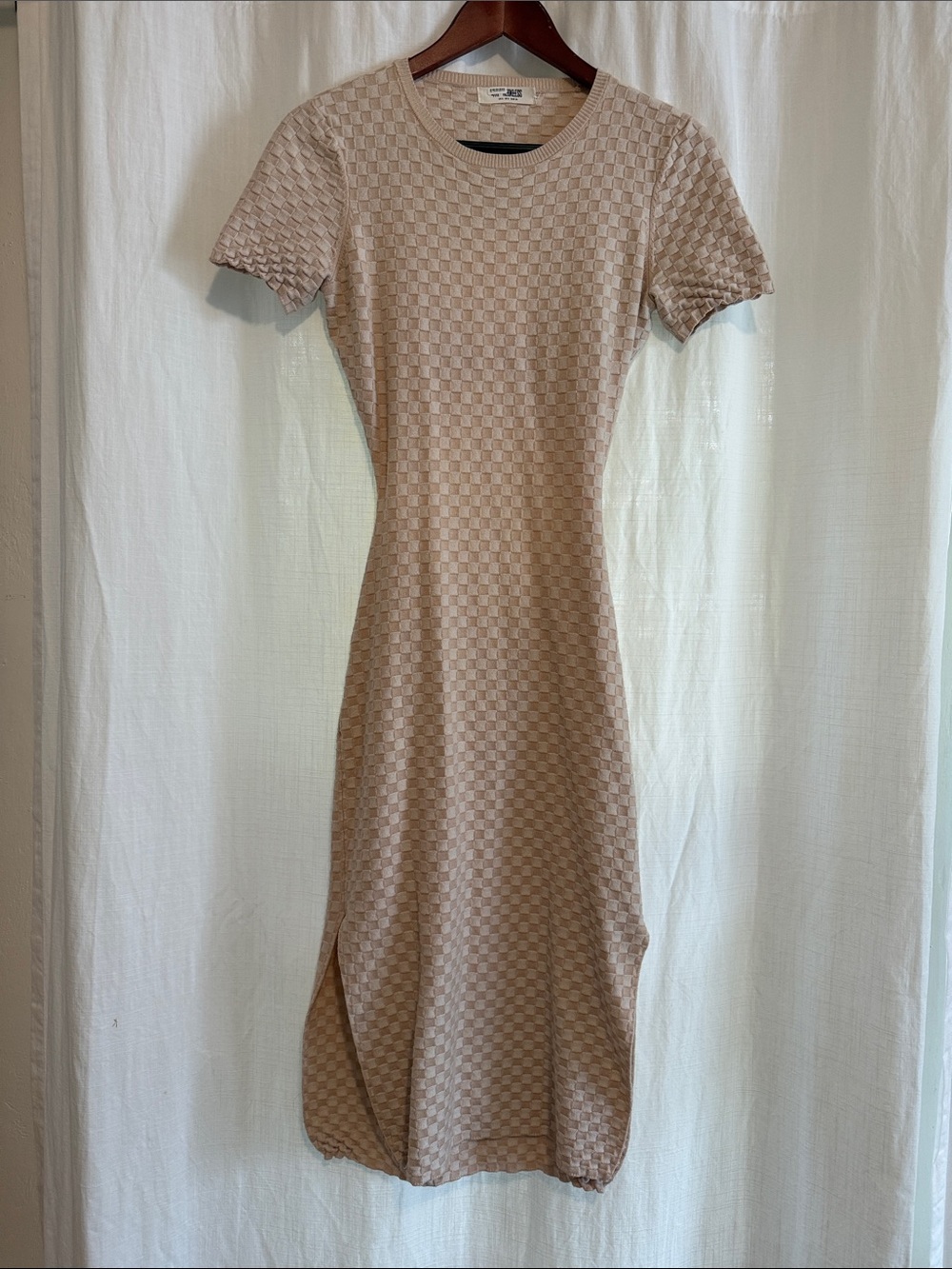 Textured Short-Sleeve Midi Dress in Beige